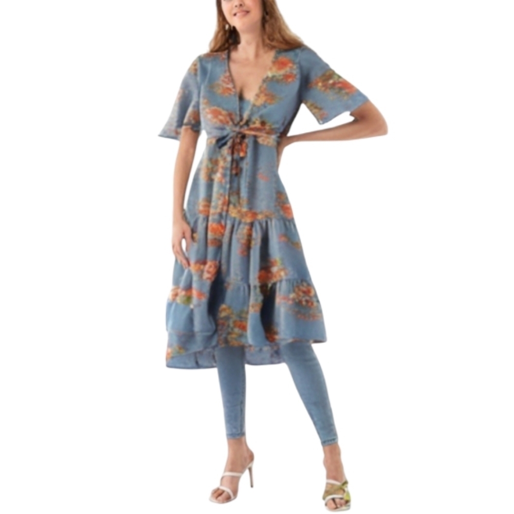 Bathing Suit Cover Up American Eagle Floral Print‎ Chiffon Swim Kimono Blue
